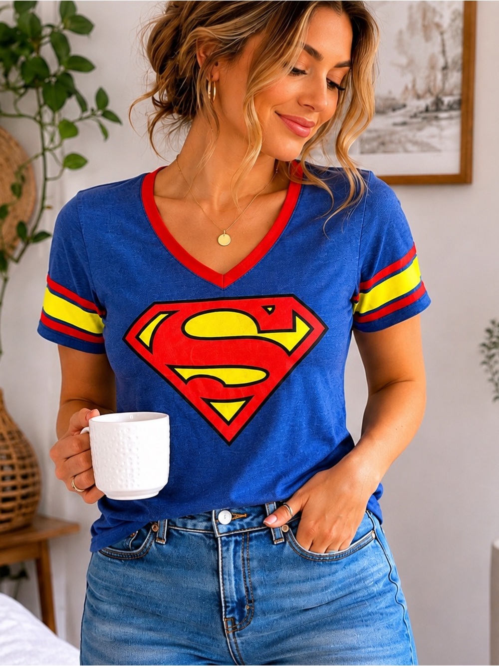 Superman DC Comics Blue V-Neck Graphic Tee Size Large